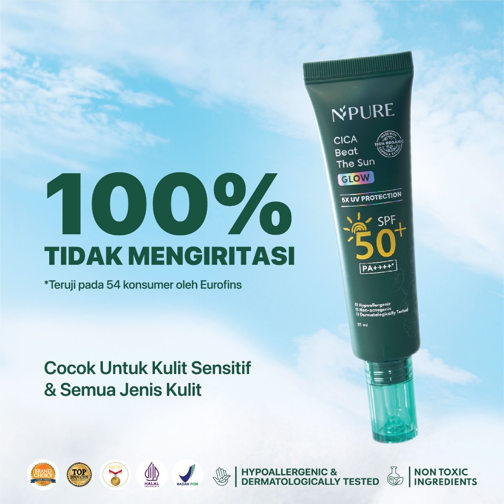 NPURE Sunscreen Cica Beat The Sun Glow / Sunscreen Hypoallergenic / SPF 50 PA++++ / Kulit Kering Jerawat