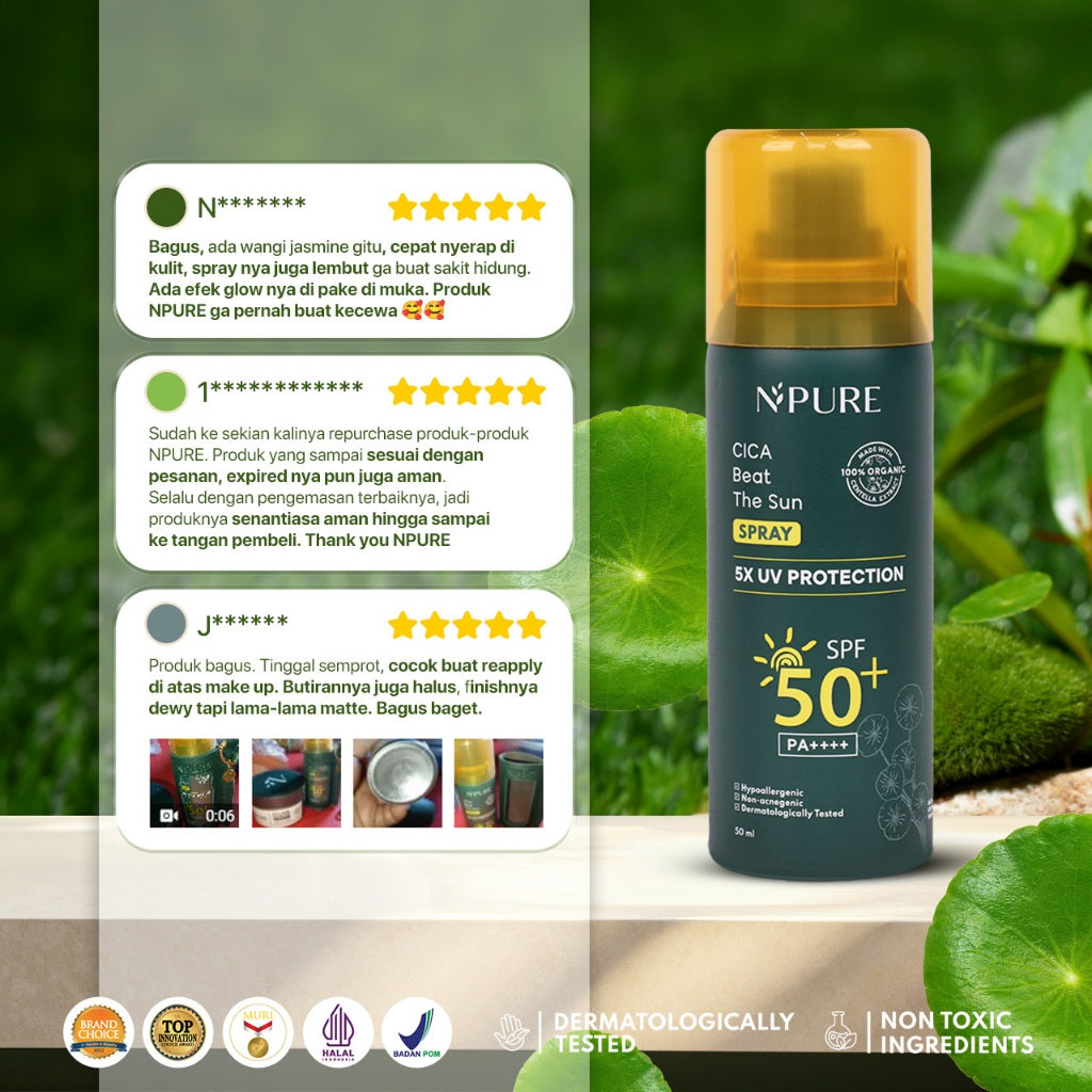 NPURE Cica Beat The Sun Spray Healthy Glow & SPF Protection SPF 50+ dan PA++++ / Sunscreen Spray / Sunscreen Organic Centella Extract /Sunscreen Kulit jerawat dan beruntusan /  Sunscreen kulit normal