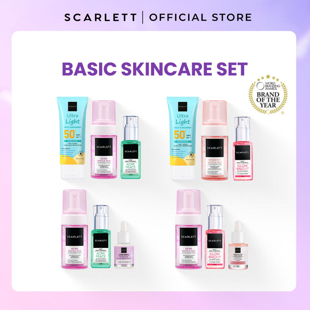 SCARLETT Paket Basic Skincare Cleanser + Moisturizer + Serum + Sunscreen Mencerahkan Wajah Menghilangkan Jerawat