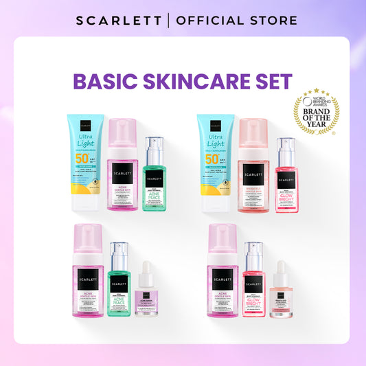 SCARLETT Paket Basic Skincare Cleanser + Moisturizer + Serum + Sunscreen Mencerahkan Wajah Menghilangkan Jerawat