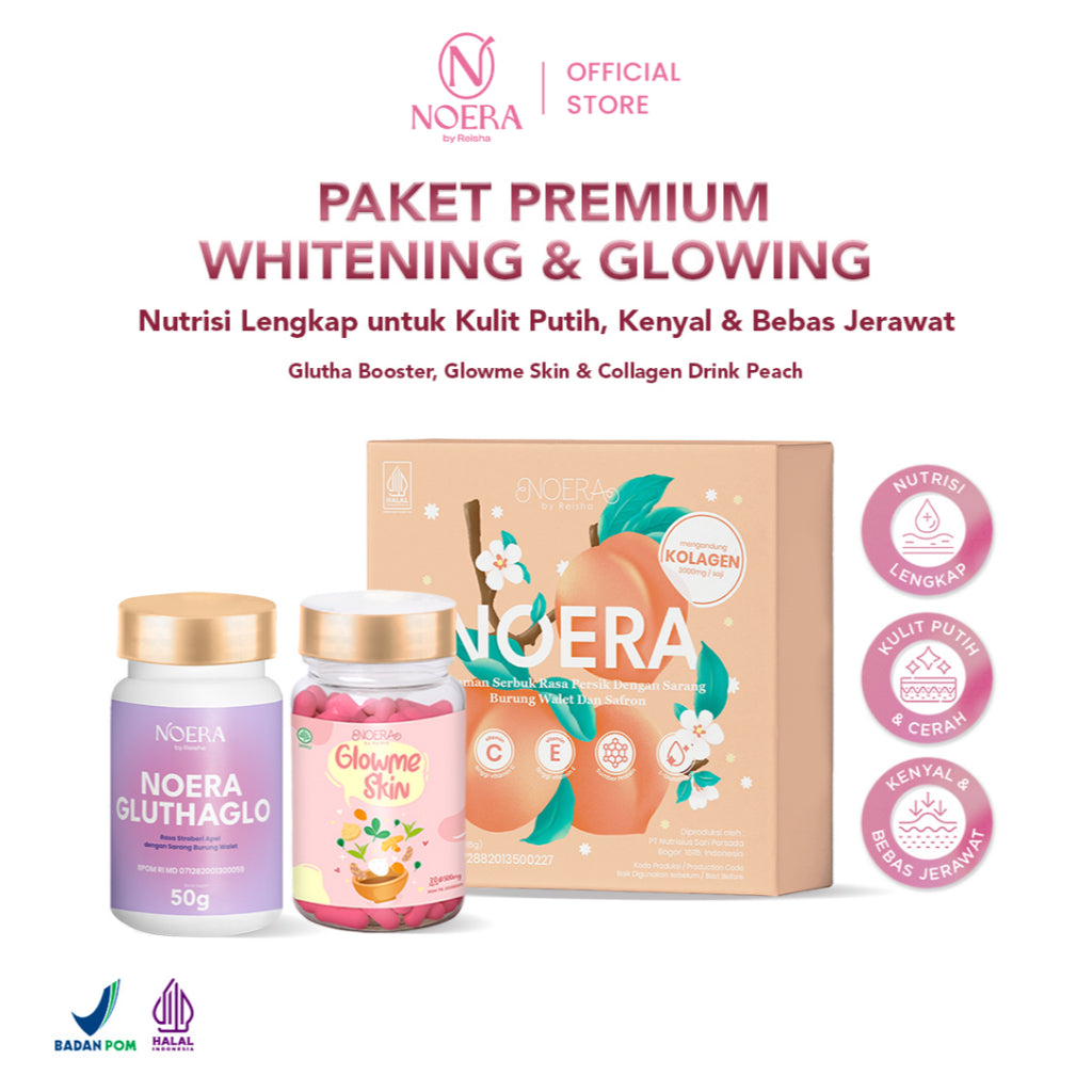 Noera Paket Premium Whitening & Glowing | Collagen Drink, Glow Me Skin, Glutha Booster | Improved Formula