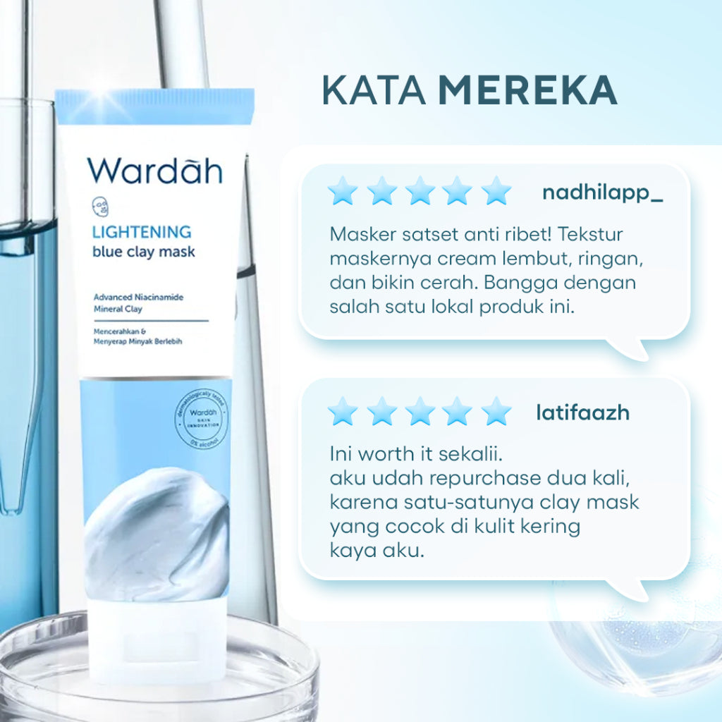 WARDAH Lightening Blue Clay Mask 50 g - Masker Wajah dengan Advanced Niacinamide dan Kaolin Mineral Clay - Efektif Mencerahkan Kulit Glowing - Nyaman Saat Aplikasi dan Memberikan Efek Cooling - Semua Jenis Kulit - Skincare