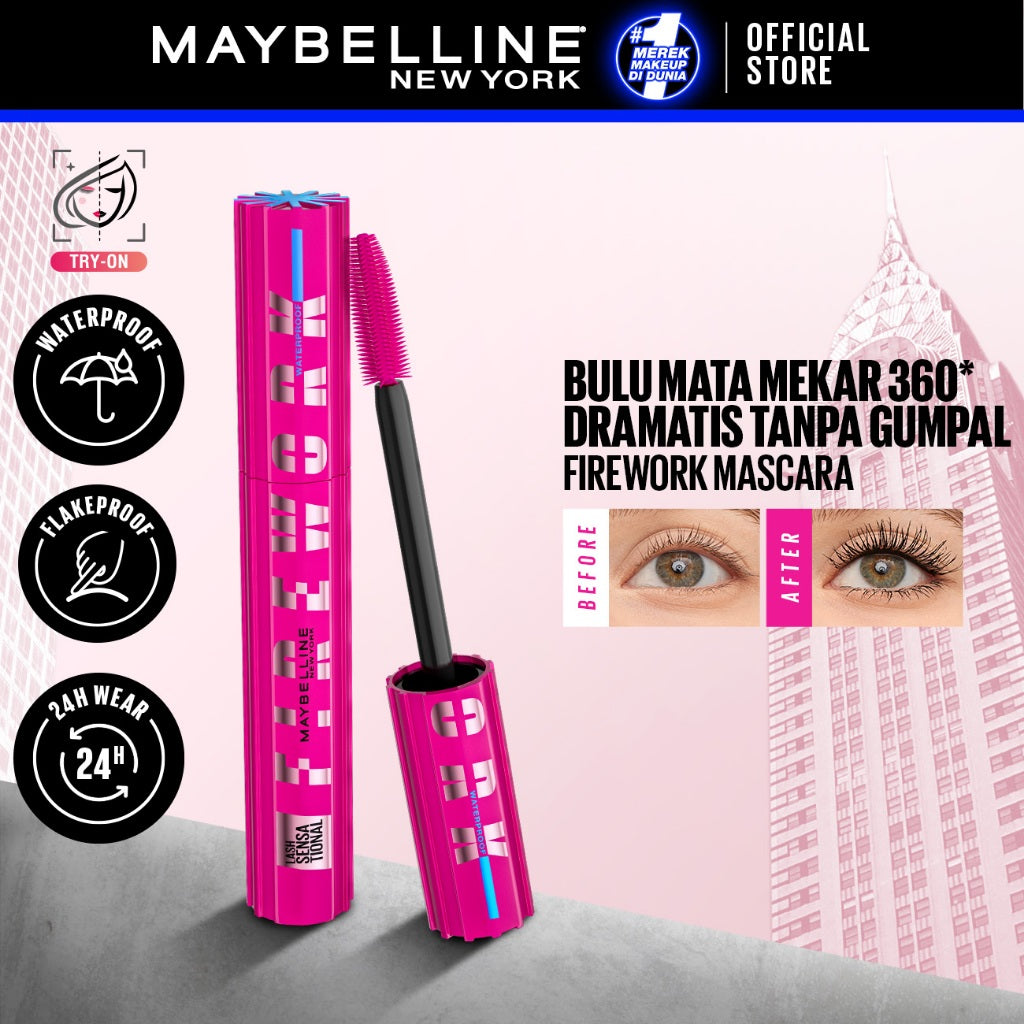 MAYBELLINE OFFICIAL Firework Waterproof Mascara 6ml - Bulu Mata Mekar Tahan 24 Jam Dramatis Maskara Eye Make up Black Tanpa Gumpal Panjang no clump volume lash lift bulu mata palsu