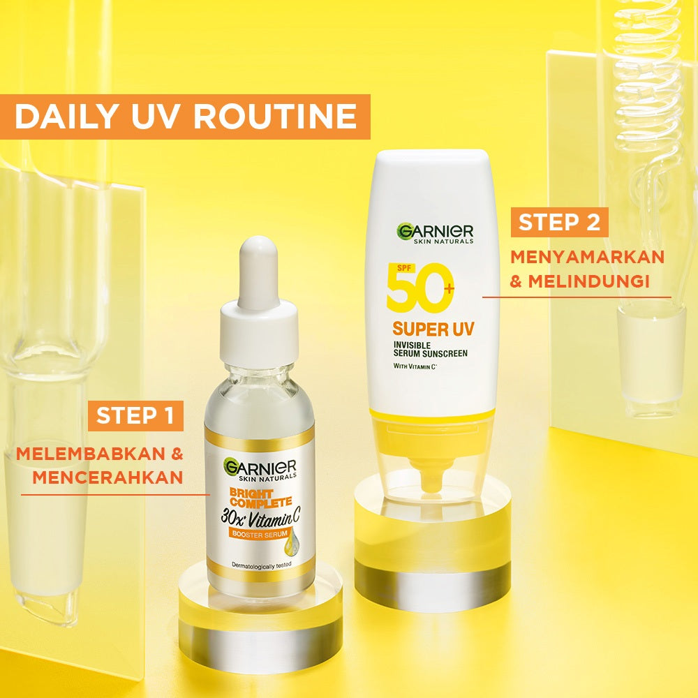 GARNIER Super UV Invisible Serum Sunscreen SPF 50+ PA++++ Vitamin C Skincare - 30ml Sunblock Mencerahkan Wajah sunscreen spf 50 pa ++++