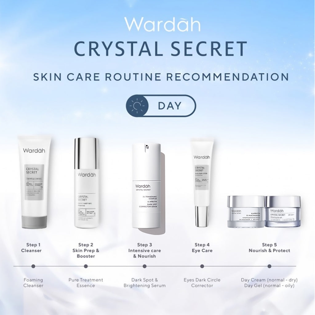 WARDAH Crystal Secret Essential Package (Cleanser 100 ml, Serum 20 ml, Day Cream 30 g) - Rangkaian Skincare Untuk Mencerahkan dan Melembabkan - Untuk Kulit Normal Cenderung Kering - Skincare