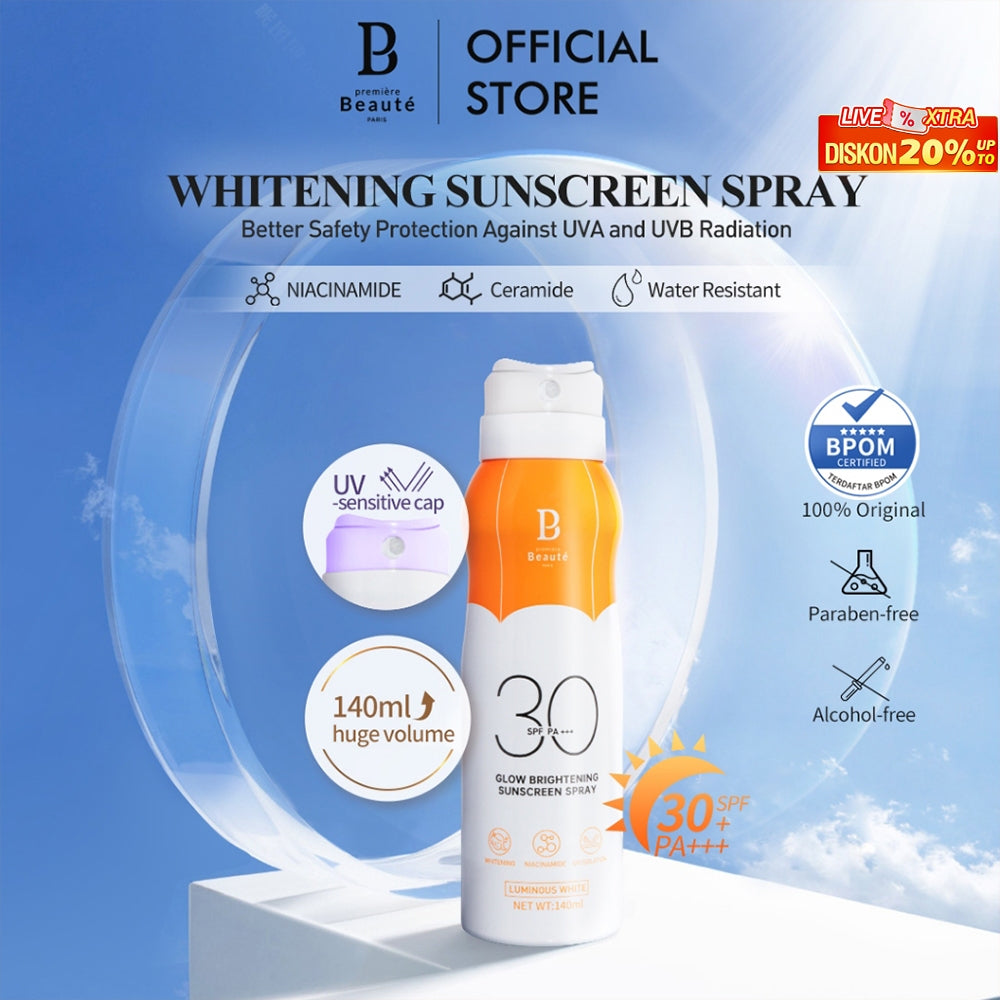 PREMIERE BEAUTE Sunscreen Spray 140ml (SPF 30 PA+++) White Skincare Series Suncreen wajah UV Waterproof Shield Barrier Anti-Aging Brightening Whitening Mencerahkan Wajah Melindungi Kulit dari Sinar Niacinamide Ceramide