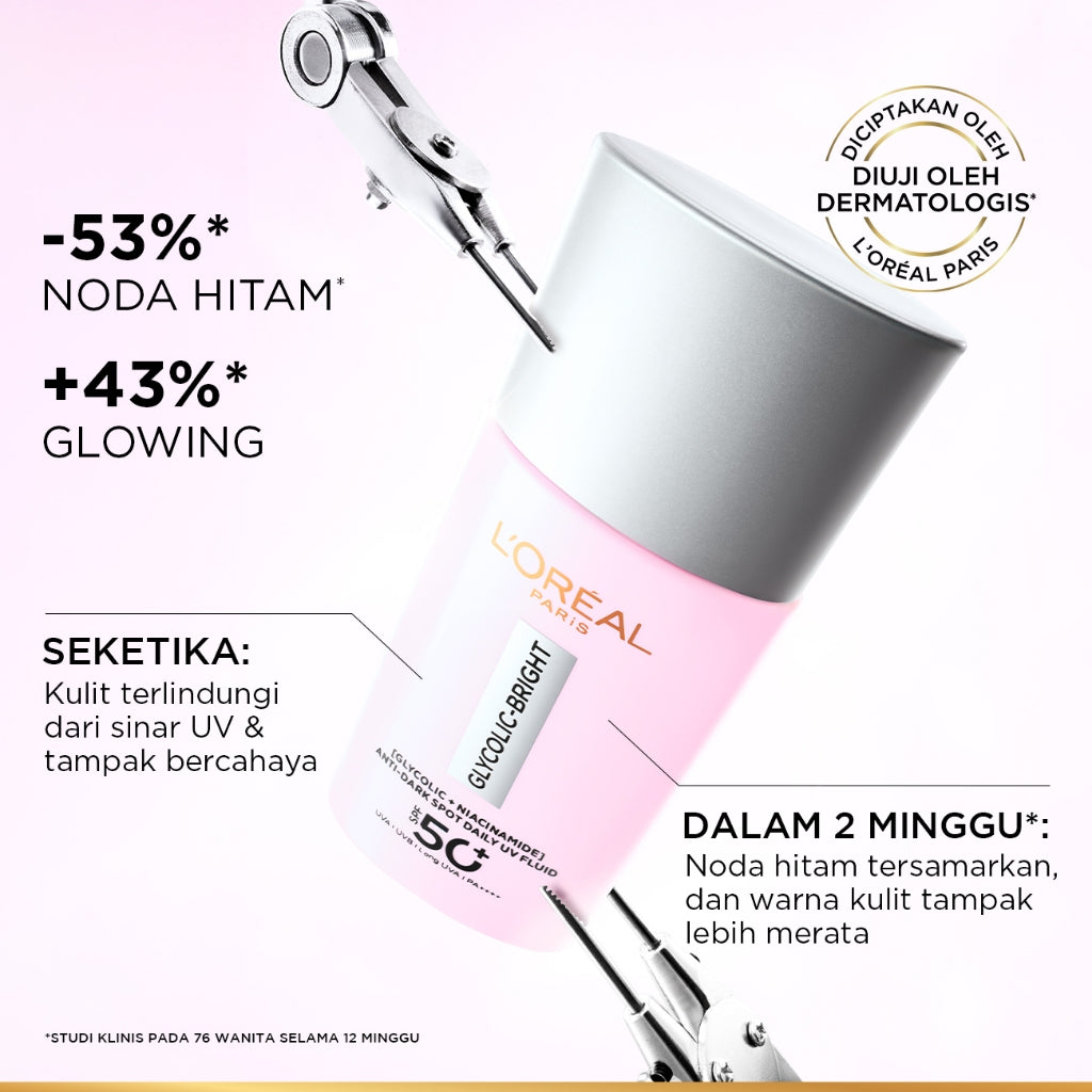[NEW LAUNCH!] GLYCOLIC - BRIGHT ANTI DARK-SPOT DAILY UV FLUID SPF 50+ l 50ml l SUNSCREEN PERTAMA UNTUK MENYAMARKAN NODA HITAM, BEKAS JERAWAT, DAN MENCERAHKAN l TABIR SURYA, SPF, SUNBLOK, SUN SCREEN