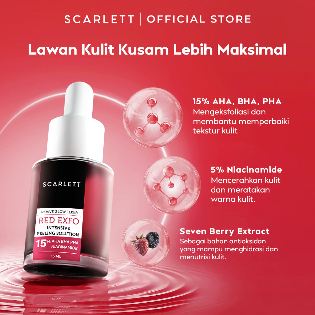SCARLETT Revive Glow Elixir Red Exfo Intensive Peeling Solution - Peeling Serum Eksfoliasi Wajah Mencerahkan dan Halus dalam 60 detik 15% AHA BHA PHA 5% Niacinamide