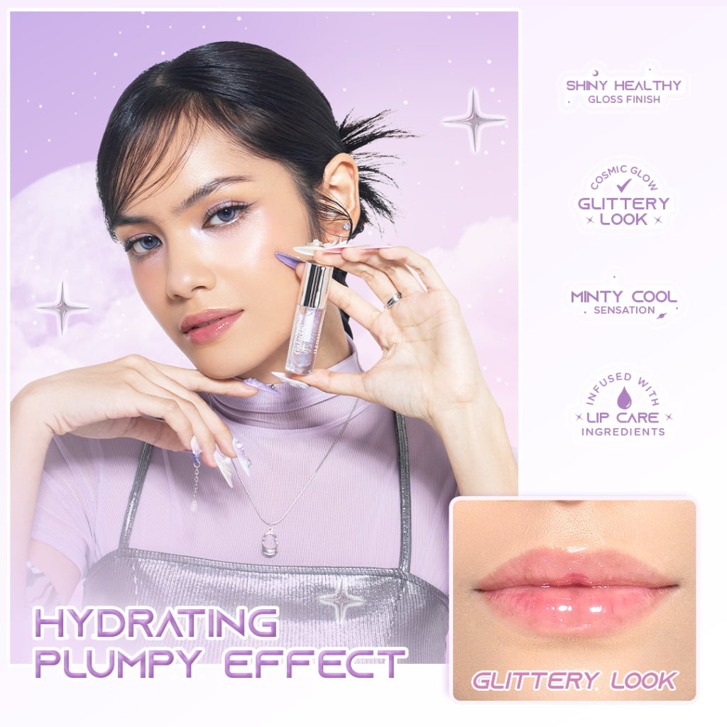 Azarine Galactic Shine Lip Gloss Hydrating Plumpy Effect Glittery Look with Jojoba Seed Oil Melembabkan Menutrisi Bibir Kering