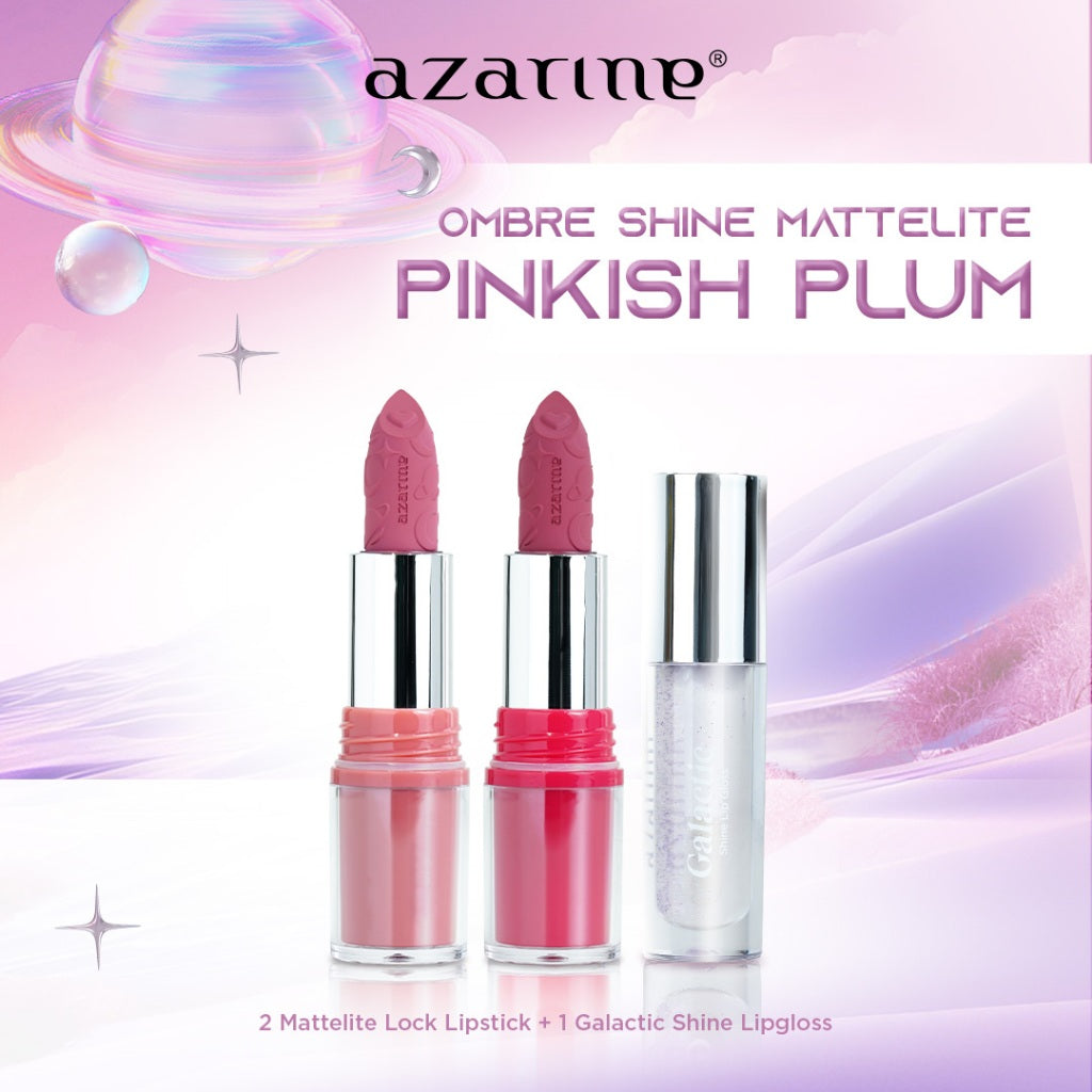 Azarine Ombre Shine Mattelite Kit [3 PCS] Lipstick Matte with Pigmented Color Lightweight Transferproof Smugeproof Galactic Shine + Lip Gloss Hydrating Plumpy Effect Glittery Look Tahan Lama