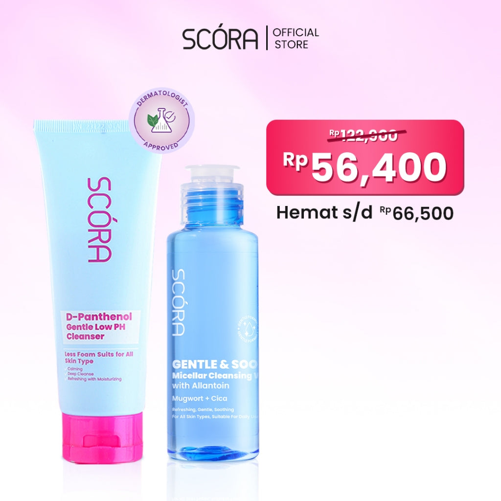 [DOUBLE CLEANSING MODAL 50RB] SCORA Gentle & Soothe Micellar Cleansing Water 100 ml + SCORA  Gentle Low pH Cleanser 100 ml