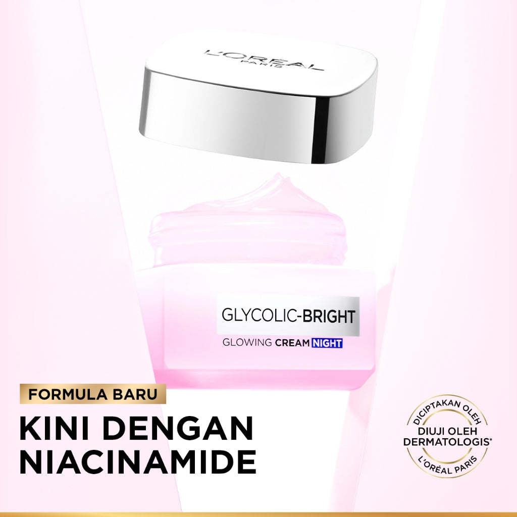 L'Oreal Paris Glycolic Bright Glowing Night Cream - 15/30ml (Skin Brightening Krim Malam  Pelembab Loreal Glyco Acid AHA Exfoliating Anti Dark Spot Wajah Peeling Muka)