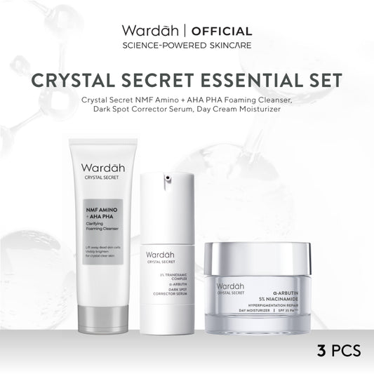 WARDAH Crystal Secret Essential Package (Cleanser 100 ml, Serum 20 ml, Day Cream 30 g) - Rangkaian Skincare Untuk Mencerahkan dan Melembabkan - Untuk Kulit Normal Cenderung Kering - Skincare