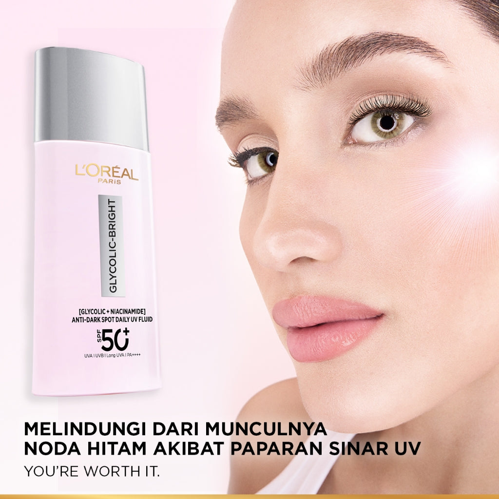 [NEW LAUNCH!] GLYCOLIC - BRIGHT ANTI DARK-SPOT DAILY UV FLUID SPF 50+ l 50ml l SUNSCREEN PERTAMA UNTUK MENYAMARKAN NODA HITAM, BEKAS JERAWAT, DAN MENCERAHKAN l TABIR SURYA, SPF, SUNBLOK, SUN SCREEN