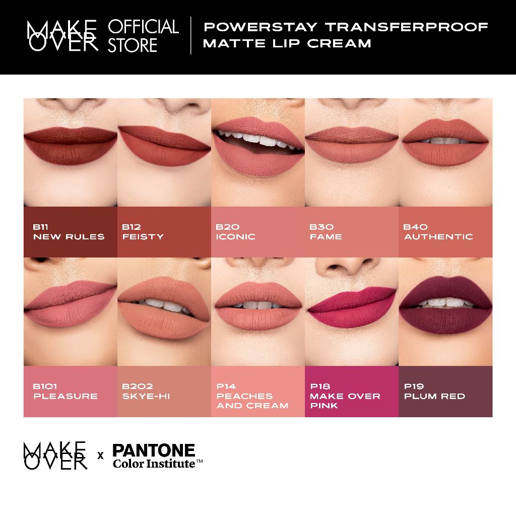 [SPECIAL MASTERSHADE] MAKE OVER Powerstay Transferproof Matte Lip Cream - Lipcream x PANTONE Tahan Lama 14 Jam Lip Cream Tidak Kering Ringan Kissproof Ombre Lips Color Nude Lipstick Matte 14H Make Up Long Lasting Somethin Time Less Stain w Maybe Euphoria