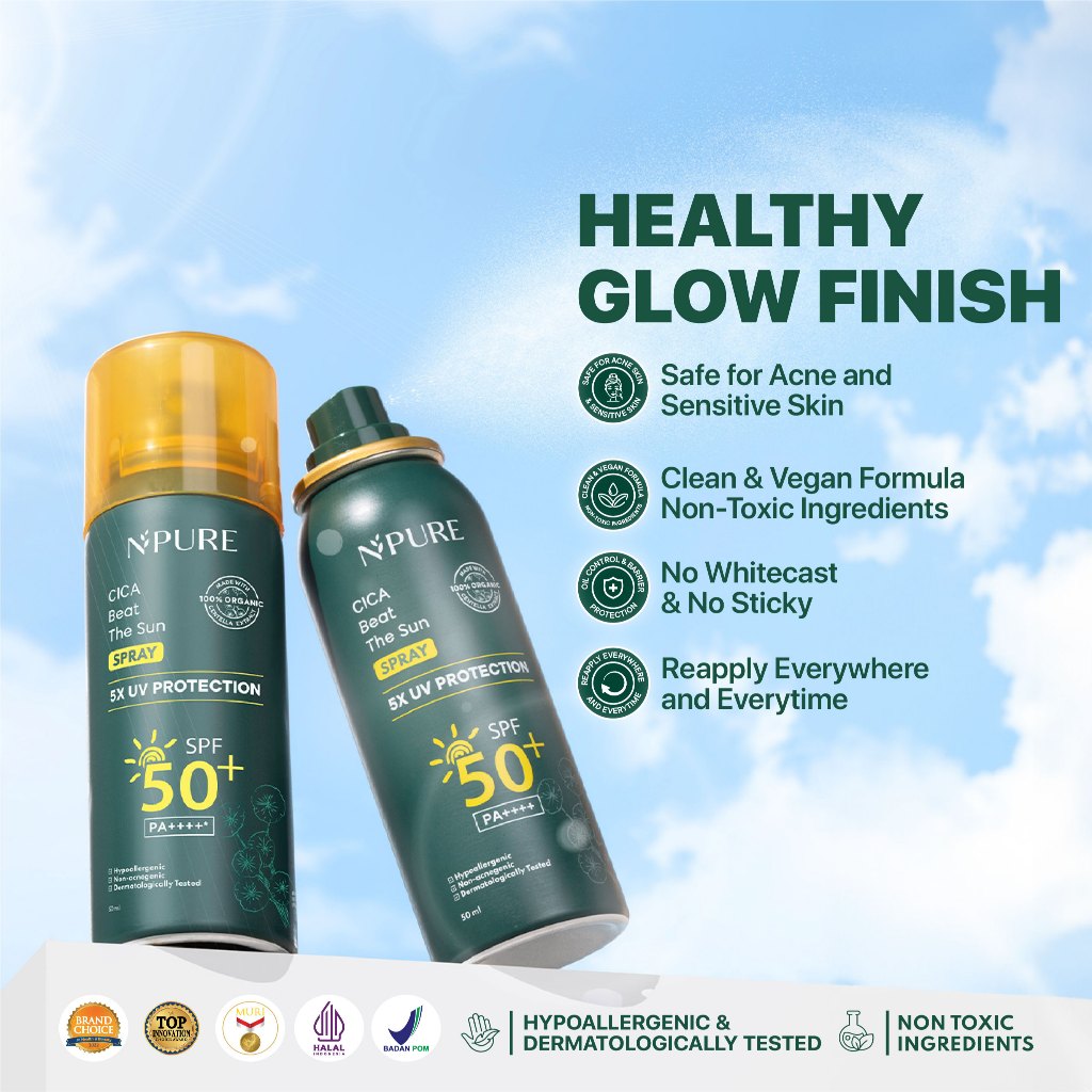 NPURE Cica Beat The Sun Spray Healthy Glow & SPF Protection SPF 50+ dan PA++++ / Sunscreen Spray / Sunscreen Organic Centella Extract /Sunscreen Kulit jerawat dan beruntusan /  Sunscreen kulit normal