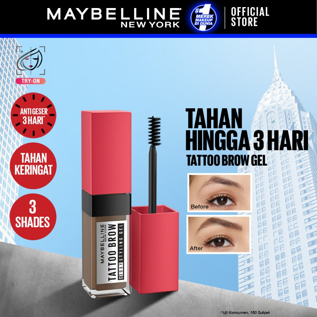 MAYBELLINE OFFICIAL Tattoo Brow 3 Day Styling Gel Brown - 6ml Browcara Mascara Alis Eye Makeup Cokelat Brow Tint Waterproof Transferproof