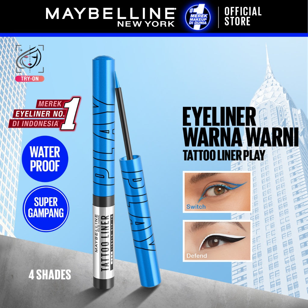 MAYBELLINE OFFICIAL Tattoo Liner Play 48H Liquid Color Eyeliner 4 Warna Waterproof Makeup Tahan Lama Eyeliner Putih High Impact Gampang Pigmented Black