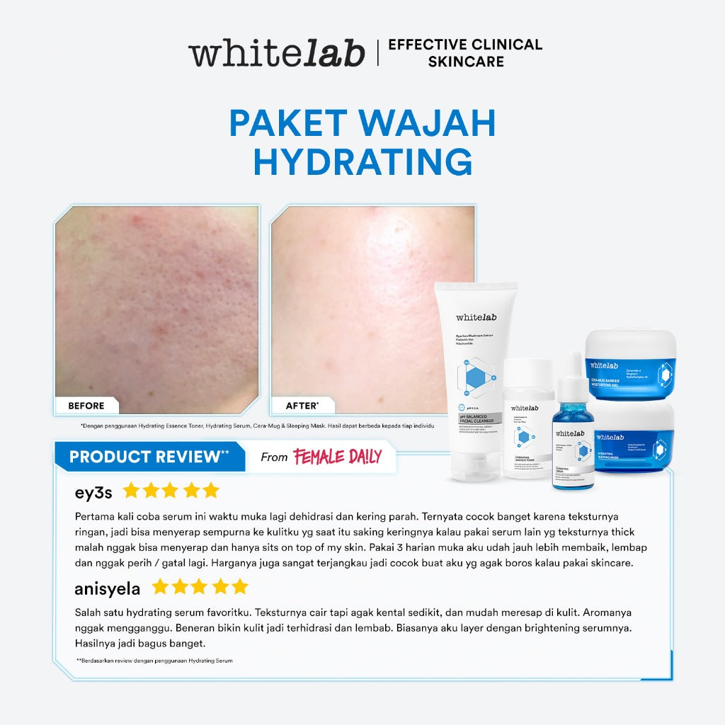Whitelab Hydrating Series - Facial Cleanser, Essence Toner, Serum, Moisturizer, Sleeping Mask Paket Skincare