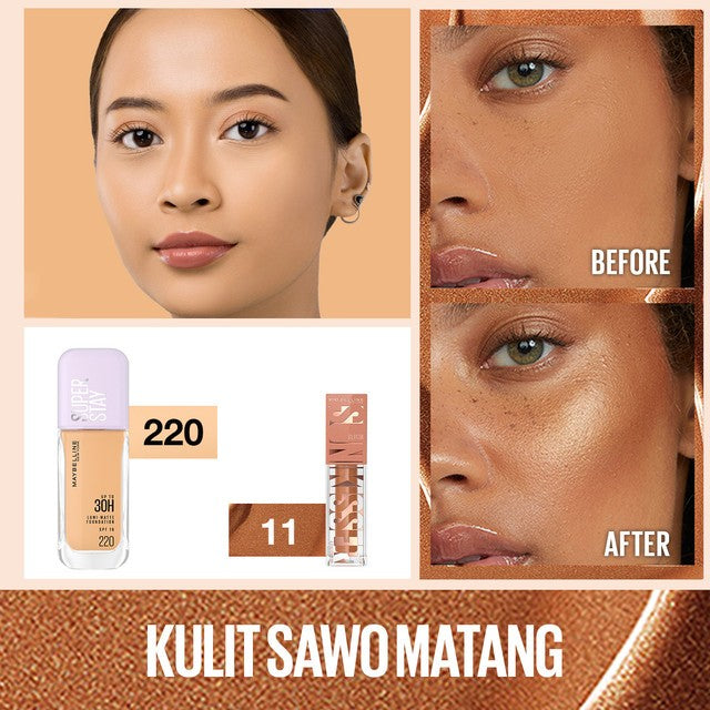 MAYBELLINE OFFICIAL Gold Up Bundle Superstay Lumi Matte Liquid Foundation + Sunkisser Liquid Blush Highlighter | Full coverage transferproof Waterproof ringan makeup tahan lama blendable buildable