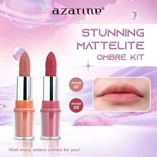 Azarine Stunning Mattelite Ombre Kit [2 PCS] Lipstick Matte with Pigmented Color Lightweight Transferproof Smugeproof Tahan Lama