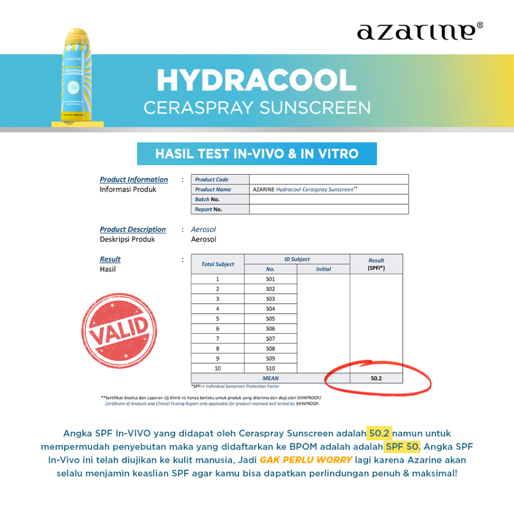 Azarine Ceraspray Sunscreen Spray SPF 50 PA+++ with cooling sensation 50ml UV Defender UV Protector Outdoor Sunscreen Mist