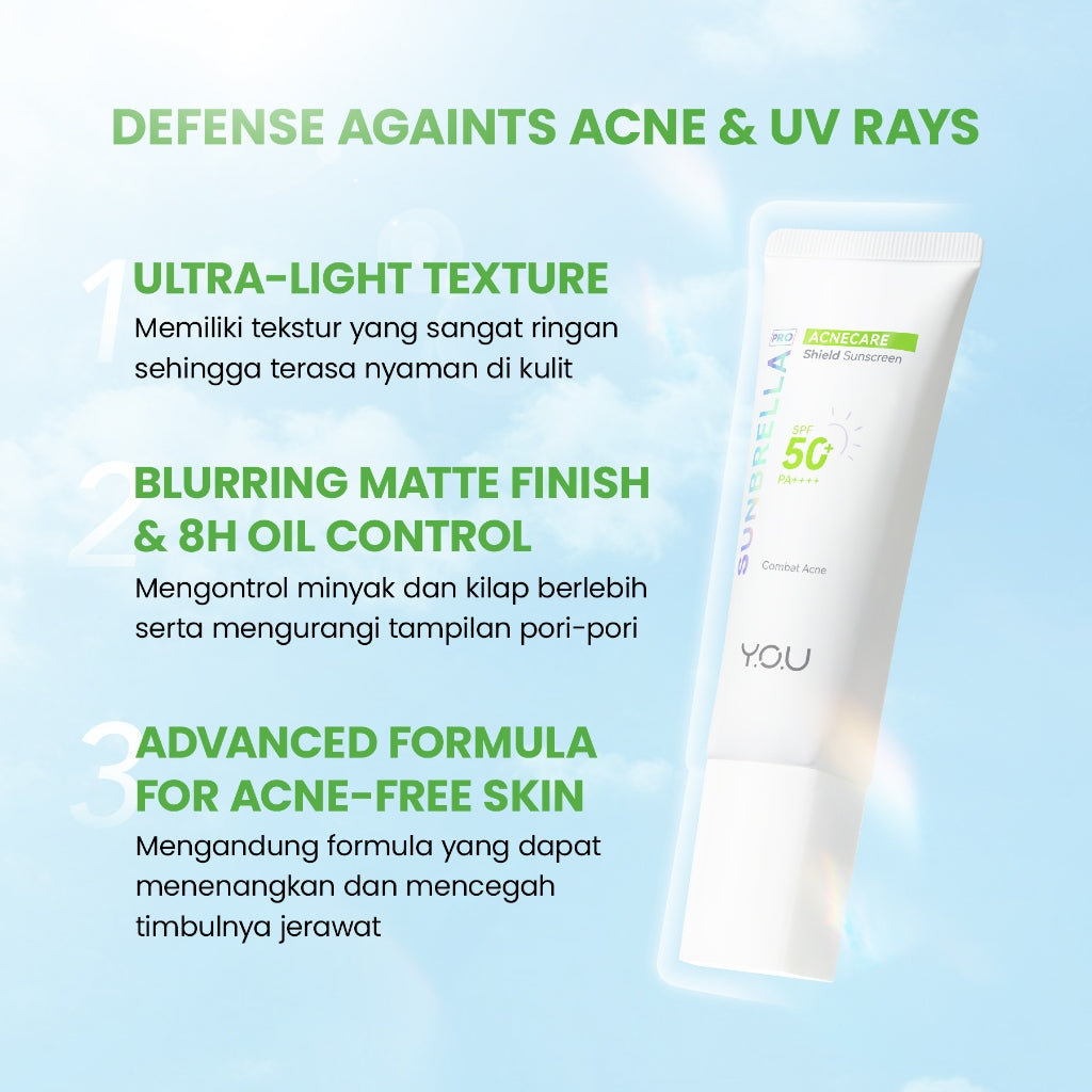 YOU Sunbrella Pro Acnecare Shield Sunscreen SPF 50+ PA++++ Acne Sunscreen Skincare  Collection Sunscreen Acne Prone Skin Melindungi dari Jerawat dan Sinar UV