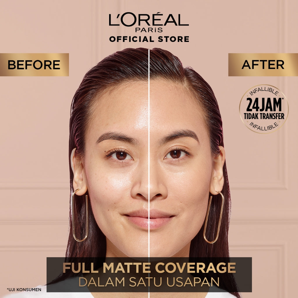 L'Oreal Paris Infallible 24h Fresh Wear Powder Foundation High Coverage, Fresh and Matte Finish Makeup - 9gr (Bedak Matte Tahan 24 Jam)