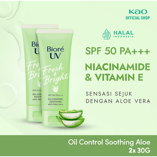 Biore UV Fresh & Bright Skincare Sunscreen 30GR Oil Control Soothing Aloe 30GR SPF 50 PA+++ Twinpack
