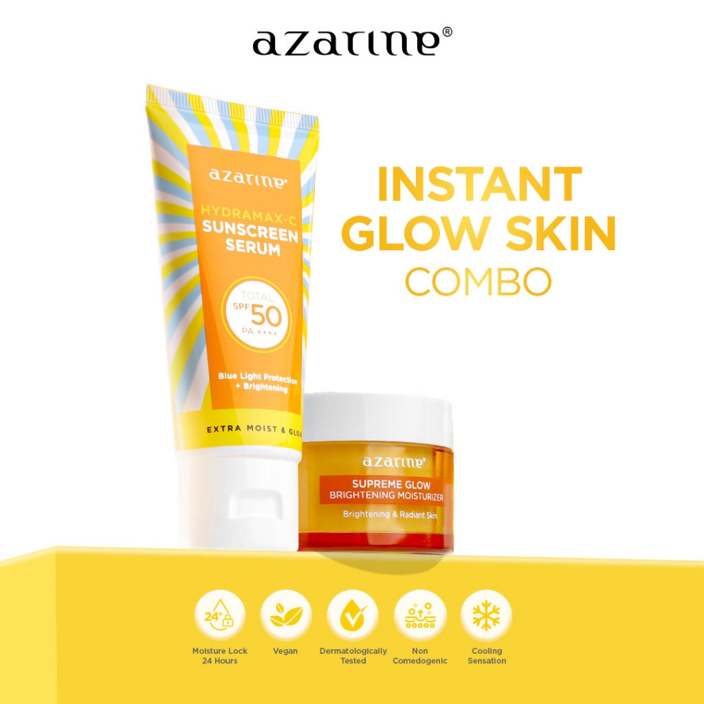 Azarine Instant Glow Skin Combo [2 pcs] Paket Supreme Glow Moisturizer + Hydramax-C Sunscreen Pelindung Kulit dari Sinar UV Mengunci Kelembapan Kulit with Cooling Effect