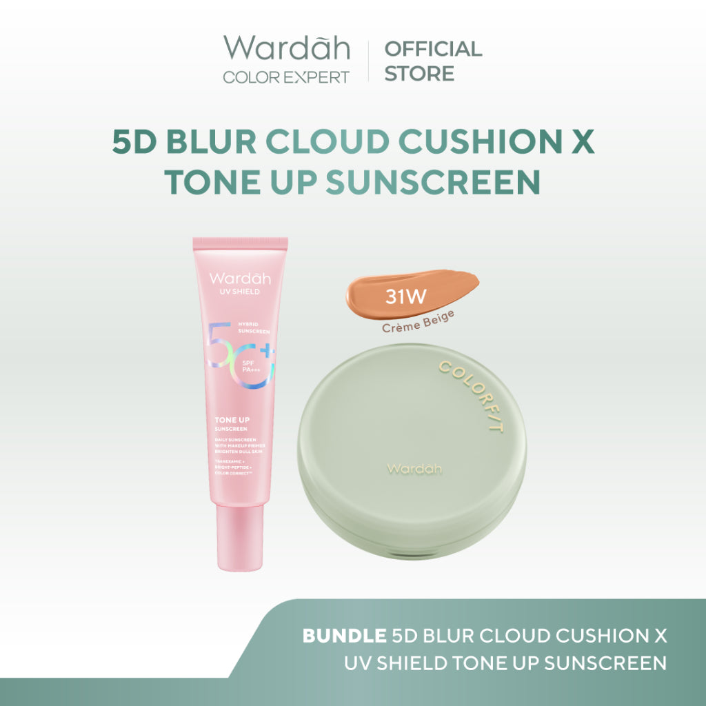WARDAH Paket UV Shield Tone Up Sunscreen SPF 50+ PA+++ 30 ml + Colorfit Perfect Glow Cushion 15 g - Colorfit 5D Blur Cloud Cushion Matte Finish Tahan Lama Hingga 18 Jam dengan SPF 50 PA Skincare - Tahan Lama dengan Bedak