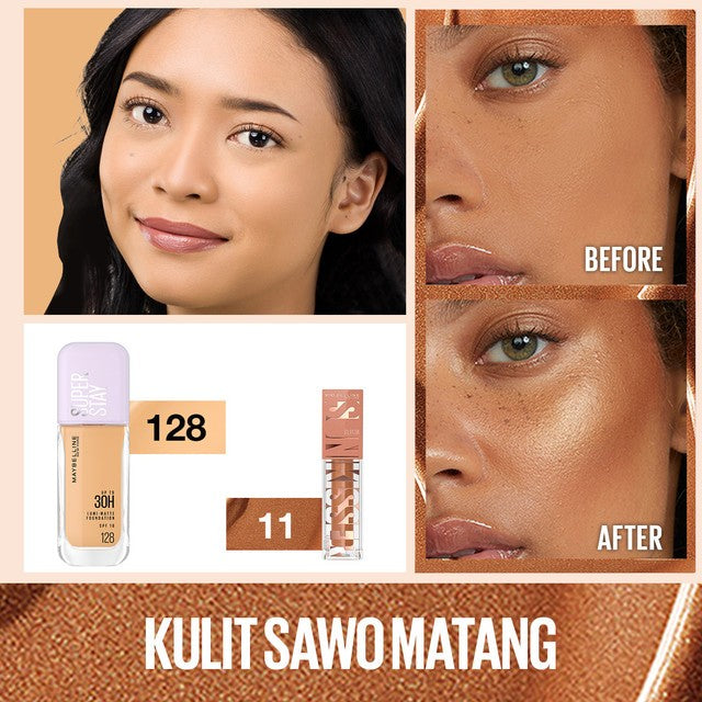 MAYBELLINE OFFICIAL Gold Up Bundle Superstay Lumi Matte Liquid Foundation + Sunkisser Liquid Blush Highlighter | Full coverage transferproof Waterproof ringan makeup tahan lama blendable buildable