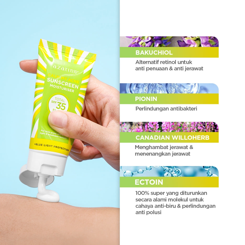 Azarine Calm My Acne Sunscreen Moisturiser SPF35 PA+++ [LOLOS UJI INVIVO INVITRO] Sunscreen Gel Untuk Kulit Berminyak Berjerawat Sensitif 40ml