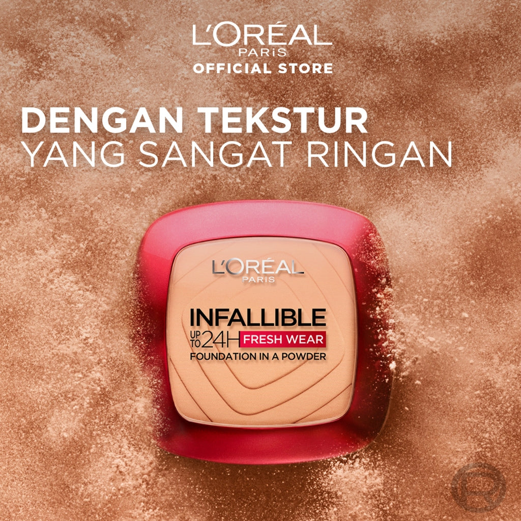 L'Oreal Paris Infallible 24h Fresh Wear Powder Foundation High Coverage, Fresh and Matte Finish Makeup - 9gr (Bedak Matte Tahan 24 Jam)