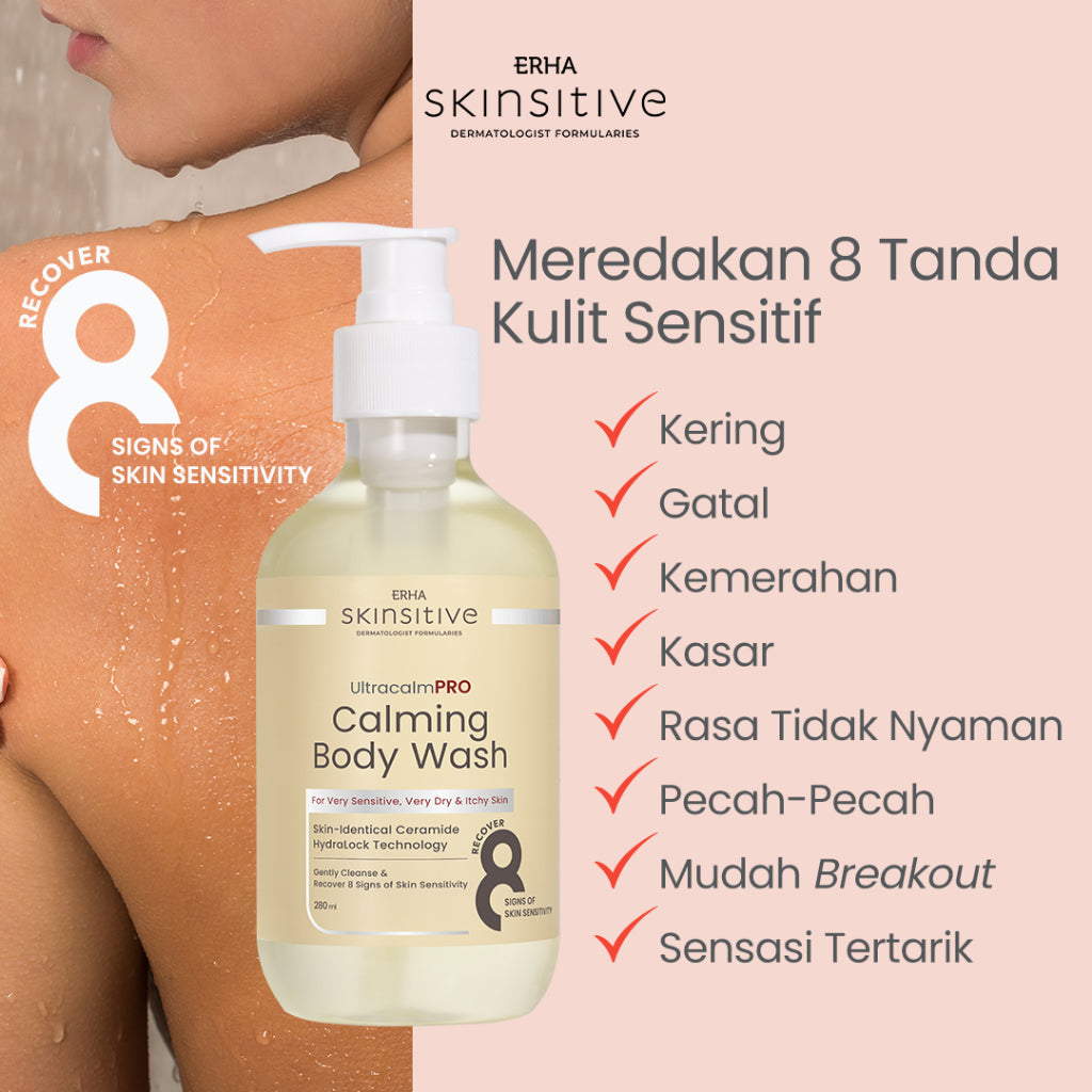 ERHA Skinsitive UltracalmPRO Calming Body Wash 280ml | Cocok Untuk Semua Jenis Kulit (Normal, Kering, Sensitif, Iritasi) | Gentle, Melembapkan dengan Ceramide, Hydrating, Calming | Aman untuk Anak 3 Tahun | Meredakan Kemerahan, Gatal, Kering | Untuk Eksim