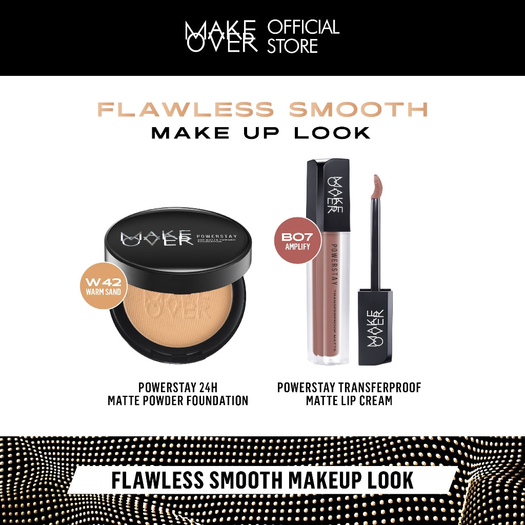 MAKE OVER Flawless Smooth Makeup Look - Powerstay 24H Matte Powder Foundation + Transferproof Matte Lip Cream - Paket Bedak Padat dan Lipcream Tahan Lama Ringan
