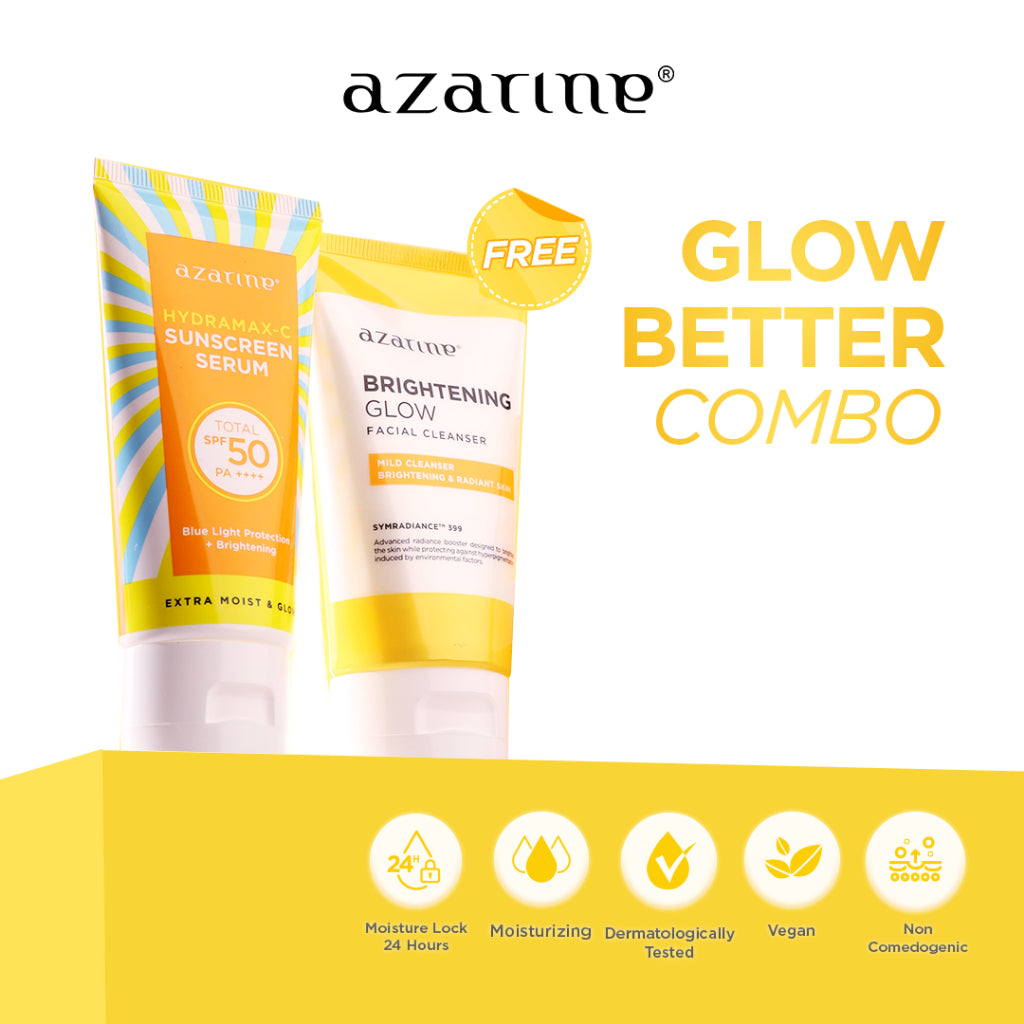 Azarine Glow Better Combo [2 pcs] Paket Proteksi sinar UV dan Mencerahkan Wajah Brightening Glow Face Wash Hydramax-C Sunscreen