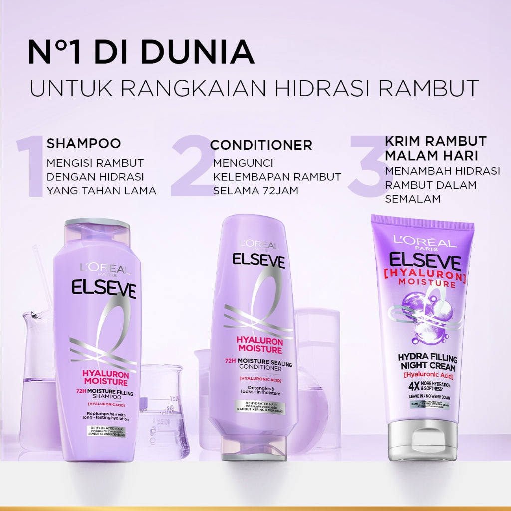 L’Oréal Paris Elseve Hyaluron Moisture Shampoo - 280 ml (Hyaluronic Acid 72 Jam Mengunci Hidrasi Rambut) - Shampo Rambut Terurai Indah dan Tidak Lepek