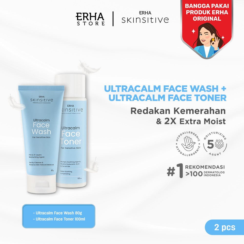 ERHA Bundle Skinsitive Ultracalm Face Wash 80g + Ultracalm Face Toner 100ml - Paket Kulit Wajah Sensitif & Aman untuk Semua Jenis Kulit