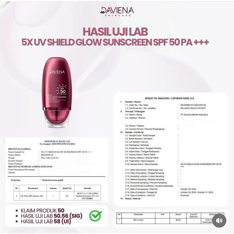 DAVIENA SKINCARE 5X UV Sheild Glow Sunscreen SPF50 PA++++