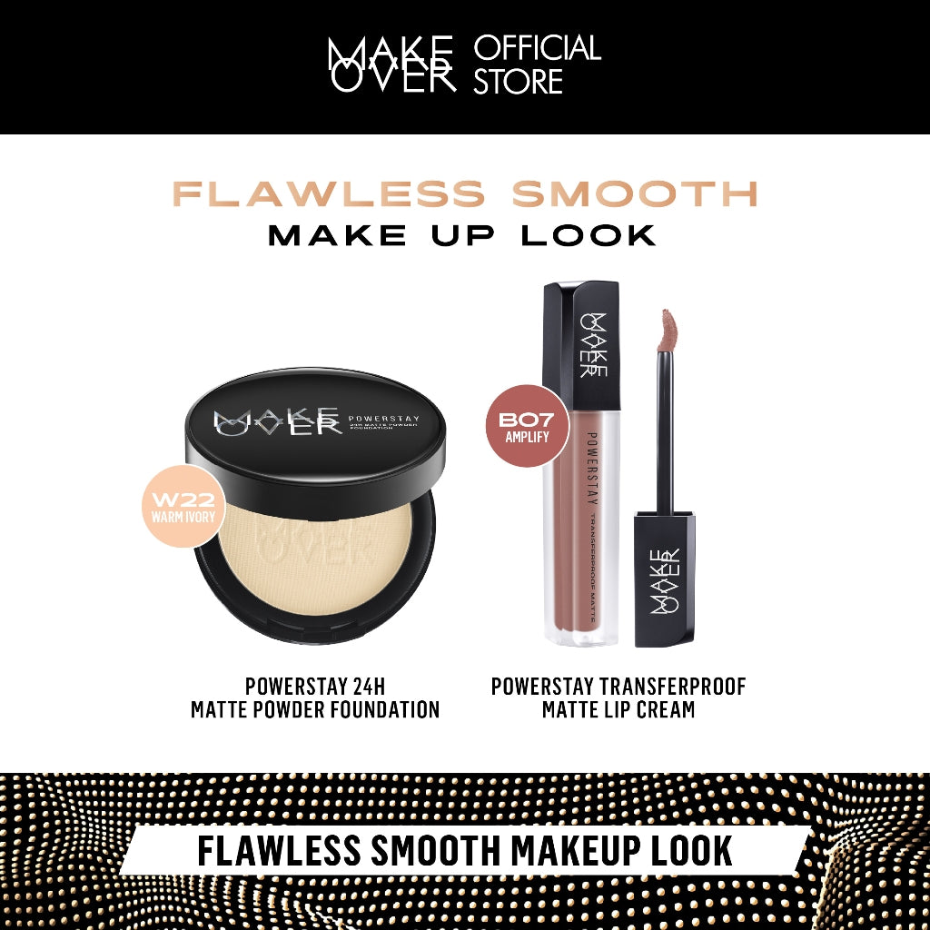 MAKE OVER Flawless Smooth Makeup Look - Powerstay 24H Matte Powder Foundation + Transferproof Matte Lip Cream - Paket Bedak Padat dan Lipcream Tahan Lama Ringan