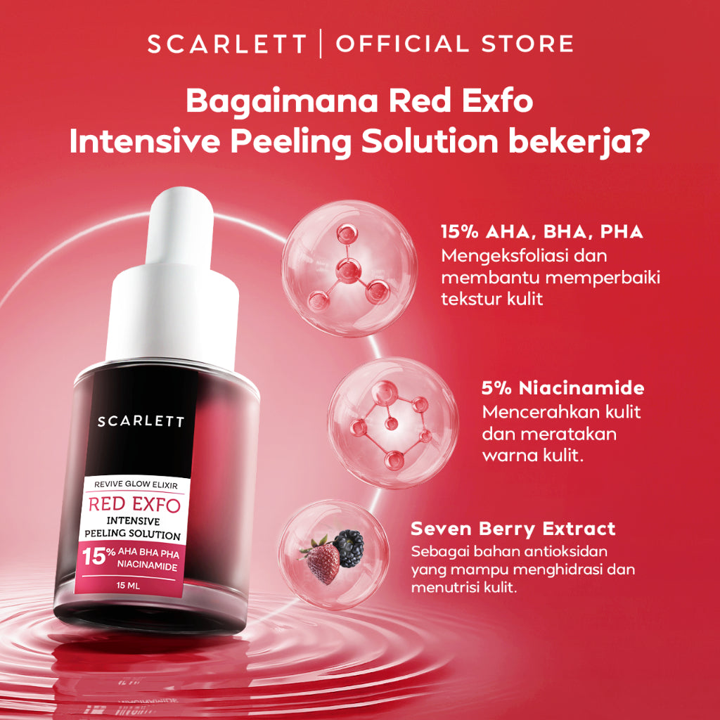 Scarlett Whitening Revive Glow Elixir Red Exfo Intensive Peeling Solution & Ultra Light Daily Sunscreen 50ml