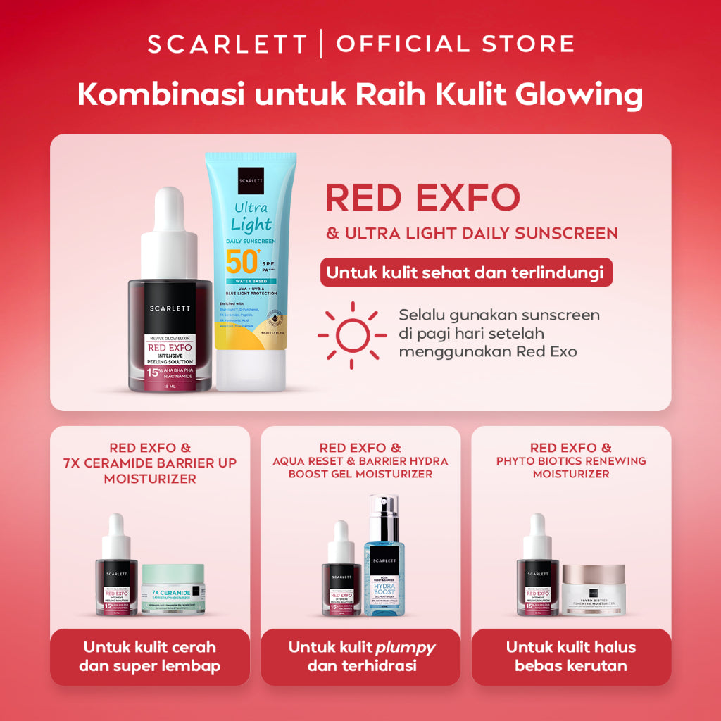 Scarlett Whitening Revive Glow Elixir Red Exfo Intensive Peeling Solution & Ultra Light Daily Sunscreen 50ml