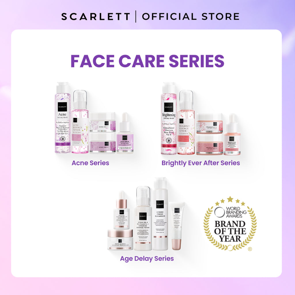Scarlett Facecare Series PAKET untuk Membantu Mencerahkan Wajah , Menghilangkan Jerawat, Mencegah Penuaan ( Brightly Series/Acne Series/ Age Delay Series ) Paket Lengkap untuk Mencerahkan Wajah | Mencegah Jerawat Penghilang Jerawat | Anti Aging