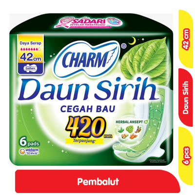 Charm Daun Sirih Herbal Pembalut Wanita Wing Malam 42 cm 6 pcs