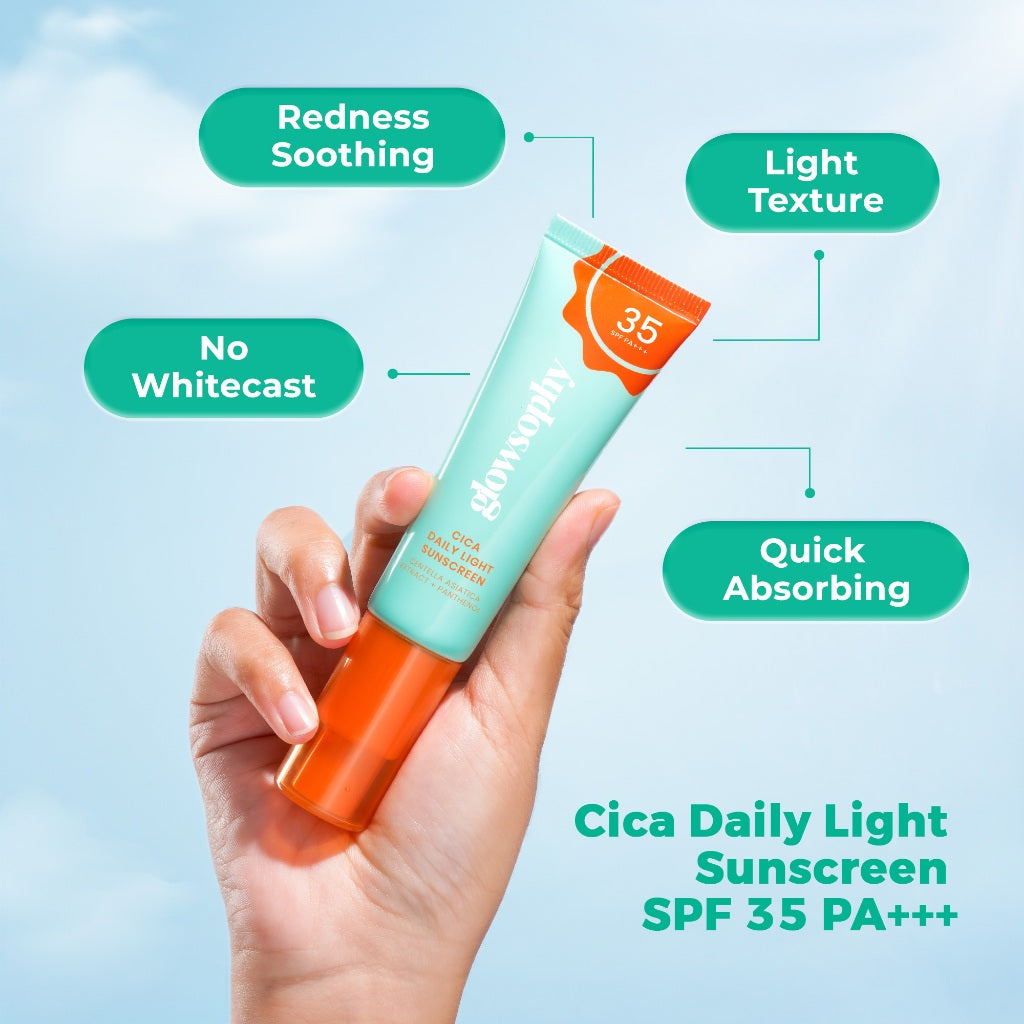 Glowsophy Cica Daily Light Sunscreen SPF 35 PA+++ Light & Soothing Sunblock Wajah Pelembab Skin Membantu Menenangkan Kulit Berjerawat Sunscreen Skin Barrier Protection Chemical Melindungi Kulit Dari Sinar UV UVA UVB Ringan Tidak Lengket Mudah Meresap
