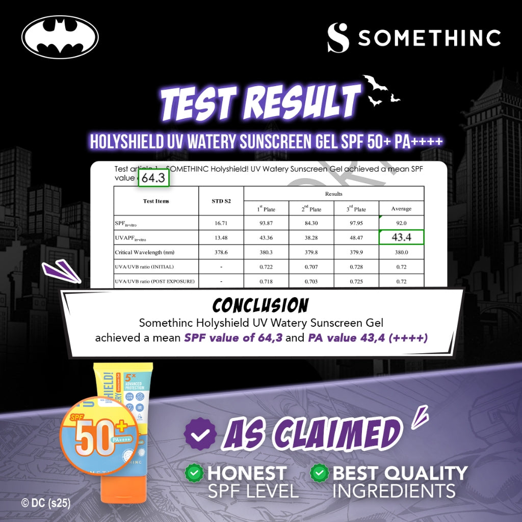 SOMETHINC [3 PCS] Skincare & Lip Care Batman Edition (Holyshied! UV Watery Sunscreen Gel, Low pH Gentle Jelly Cleanser, Ceraplump Tinted Lip Balm)