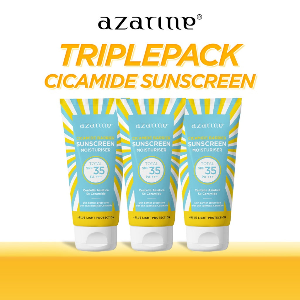 [3 PCS] Azarine Triplepack Calm My Acne Sunscreen / [3 PCS] Cicamide Barrier Sunscreen Moisturizer SPF35 PA+++ [LULUS UJI INVIVO INVITRO] Untuk Kulit Sensitif Berjerawat 40 ml