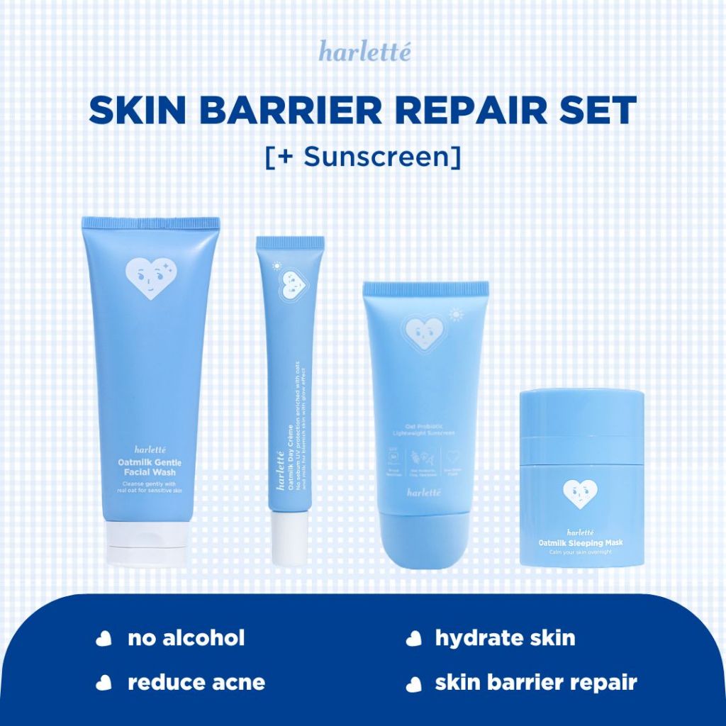 Harlette Oatmilk Bundle [+ SUNSCREEN] | 4 PRODUK untuk Kulit Oily, Kombinasi, dan Acne Prone, Mencerahkan, Skincare Wajah, Berjerawat