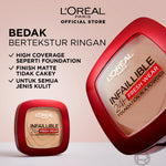 L'Oreal Paris Infallible 24h Fresh Wear Powder Foundation High Coverage, Fresh and Matte Finish Makeup - 9gr (Bedak Matte Tahan 24 Jam)